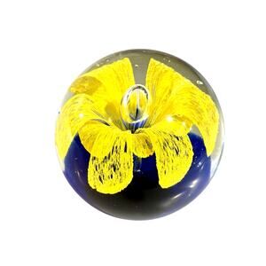 Art Glass Yellow Flower Bubble Blue Glass 8" Around 3" Wide Round Paperweight